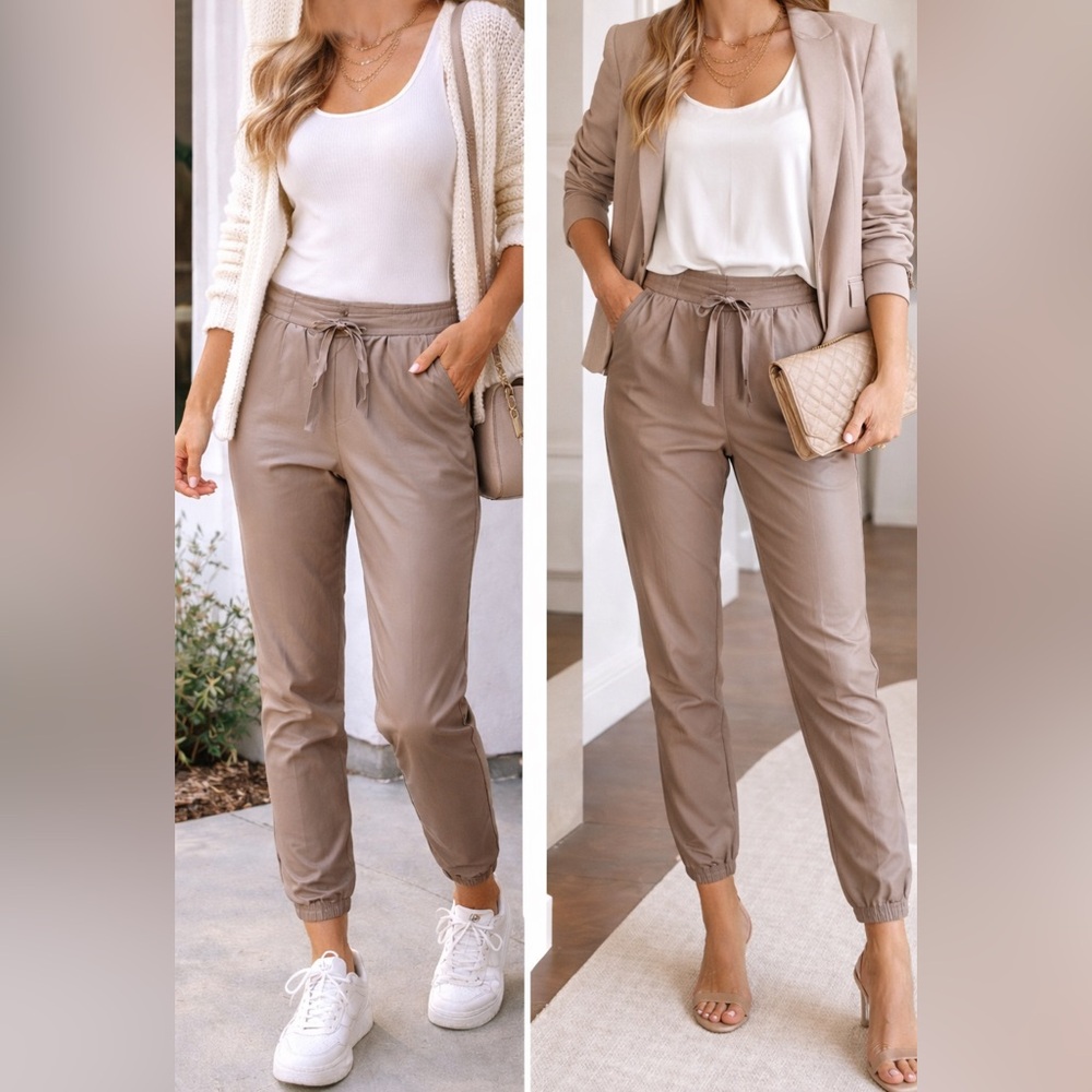 Splendid Vegan Leather Joggers Taupe | Luxe Pull-On | Size M